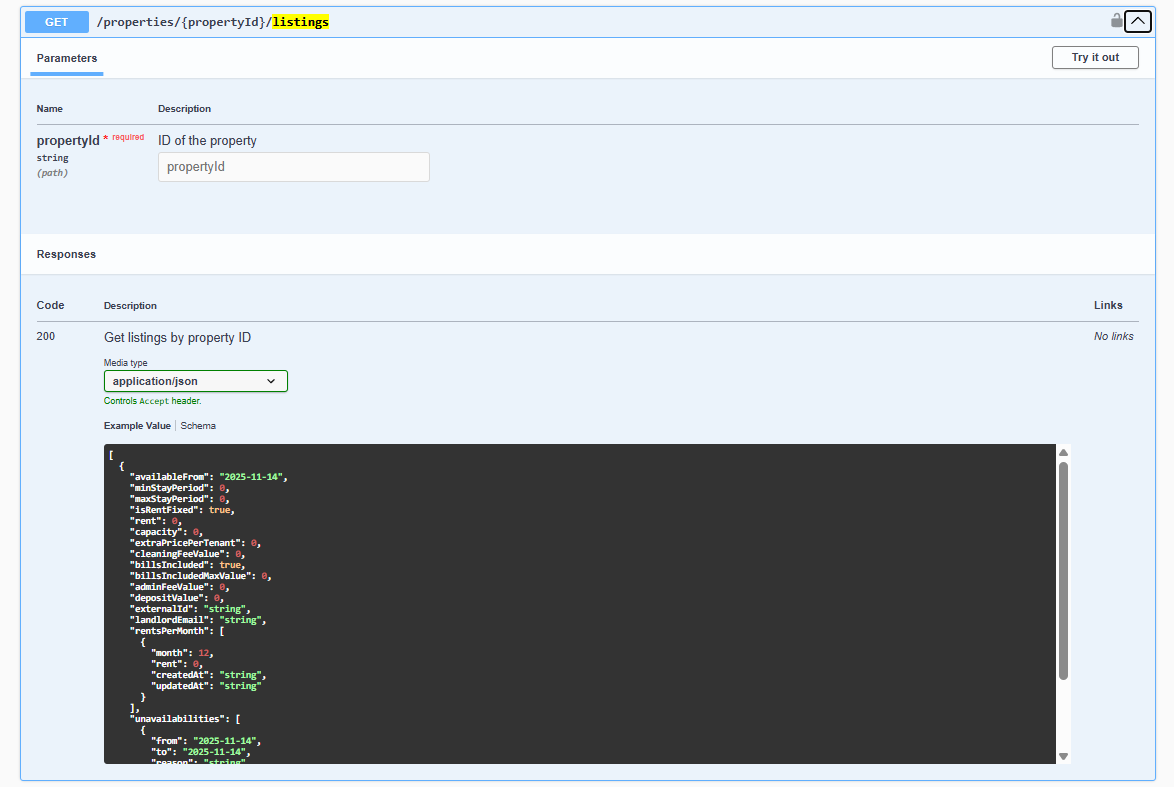 Integration Swagger — GET listing by external id path parameter and Try it out