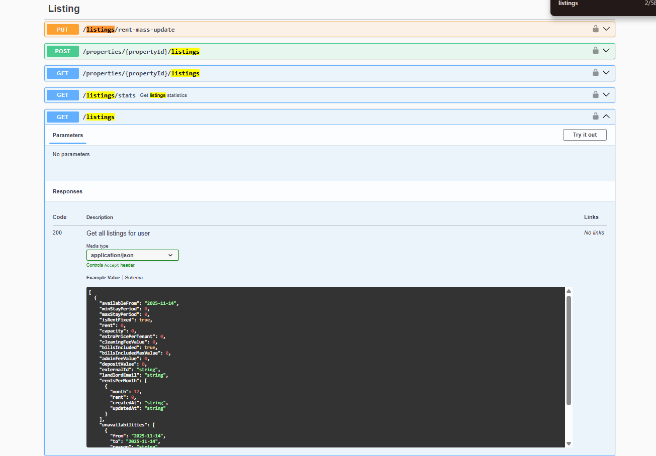 Integration Swagger UI — listings group with schema and Try it out
