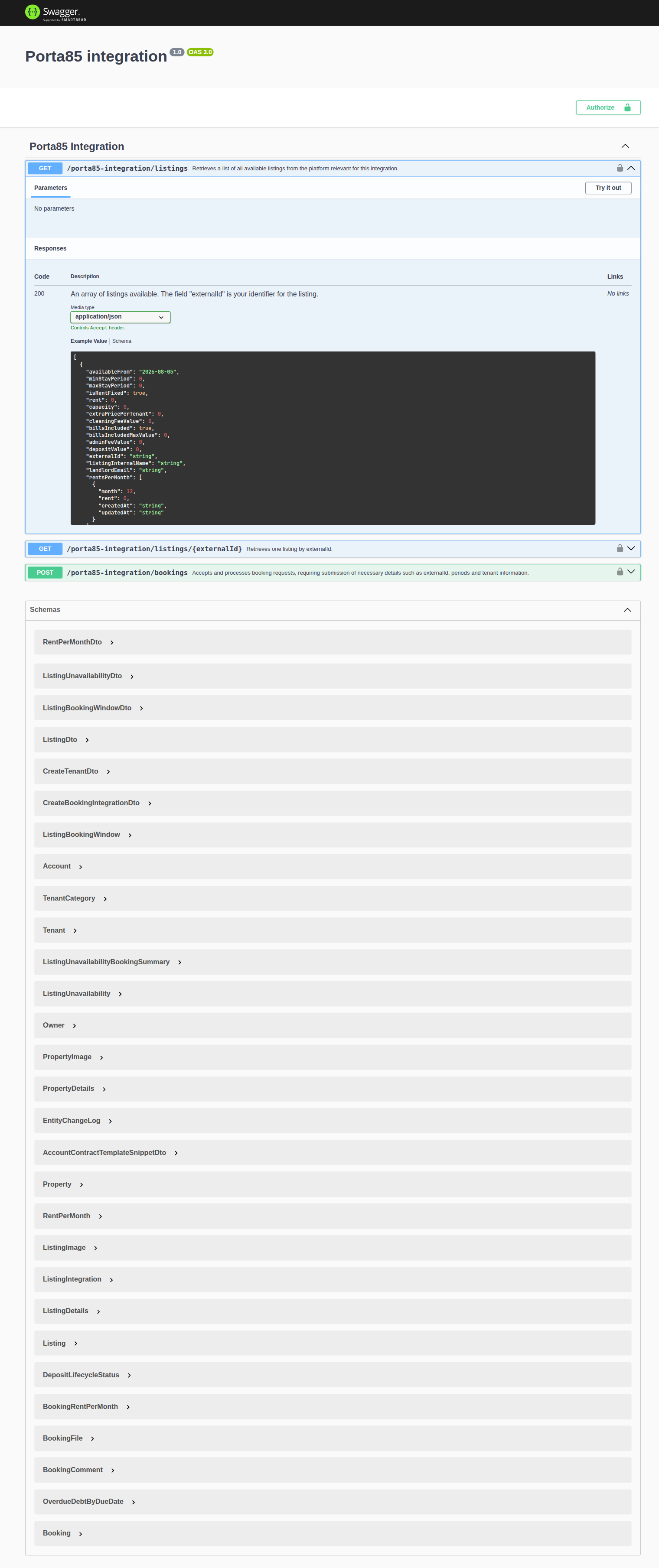 Integration Swagger — Porta85 listings group with GET /listings, GET /listings/externalId, and POST /bookings