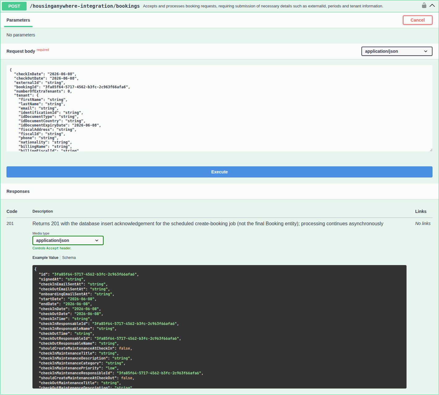 Integration Swagger — POST …/bookings expanded with request body schema and Try it out