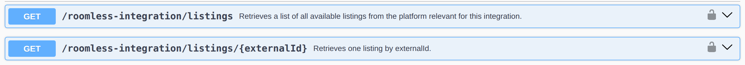 Integration Swagger — RoomLess GET /listings and GET /listings/externalId