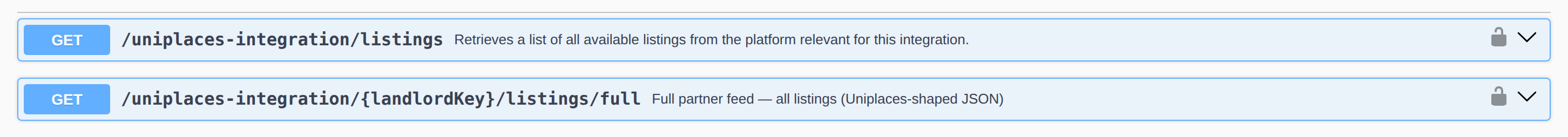 Integration Swagger — Uniplaces GET /listings (partial, linked units) next to GET /landlordKey/listings/full (all listings)