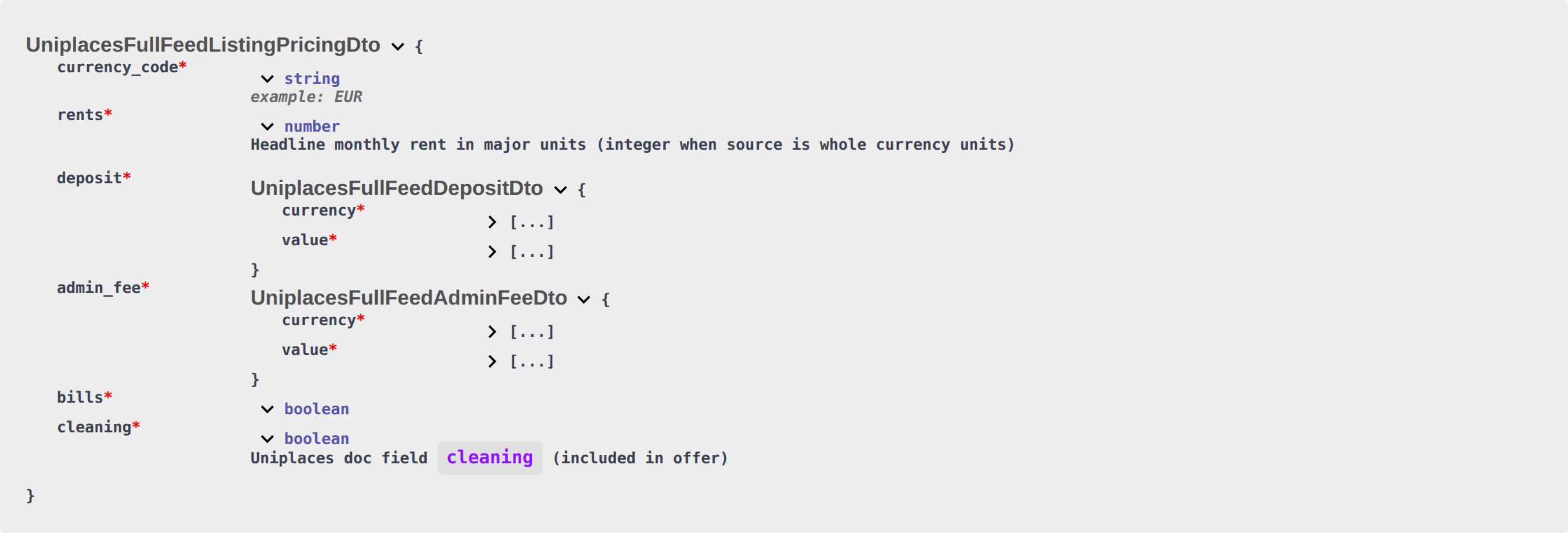 Integration OpenAPI — UniplacesFullFeedListingPricingDto rents, deposit, admin_fee, bills, and cleaning (no local rent cap)