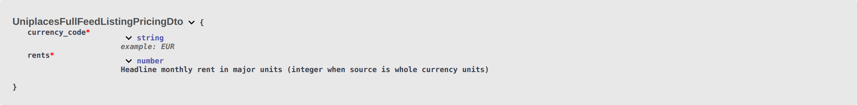 Integration OpenAPI — UniplacesFullFeedListingPricingDto rents (headline monthly rent)