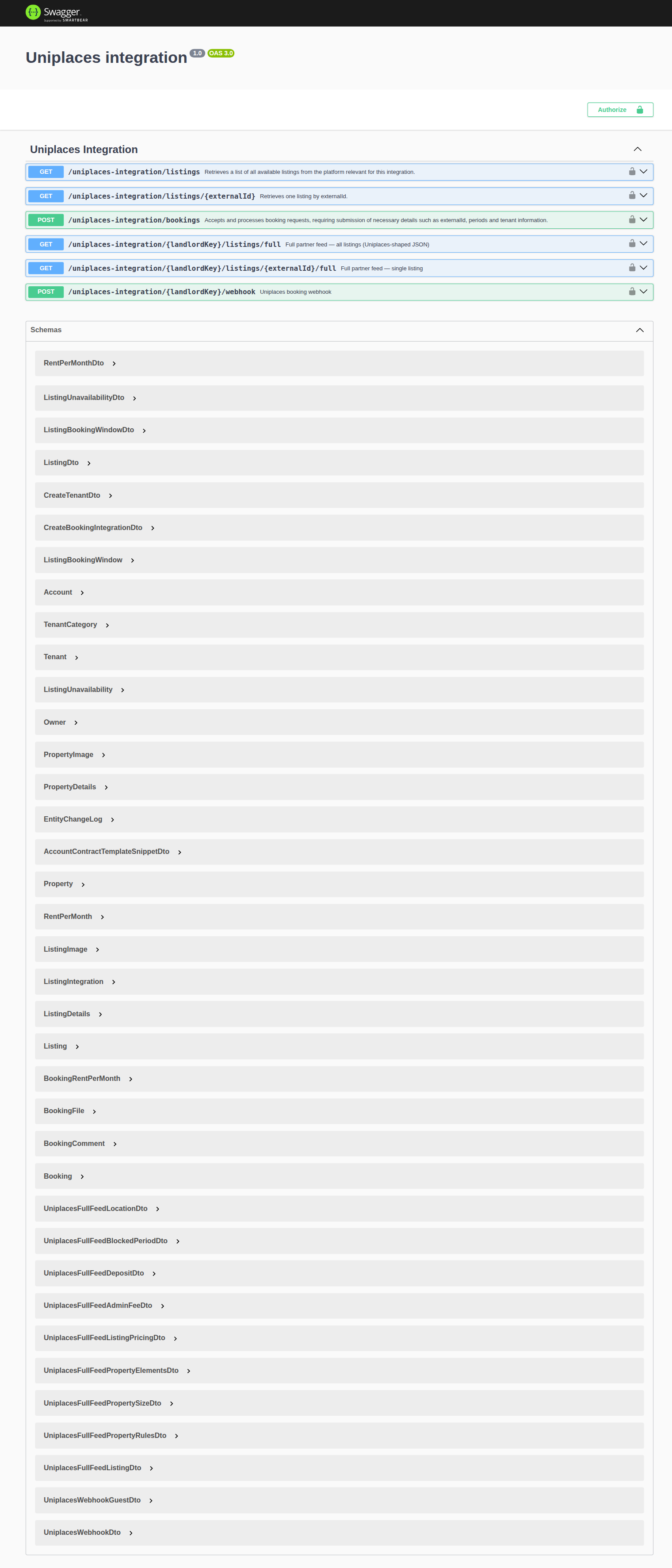 Integration Swagger — Uniplaces POST webhook expanded with landlordKey path parameter and request body schema