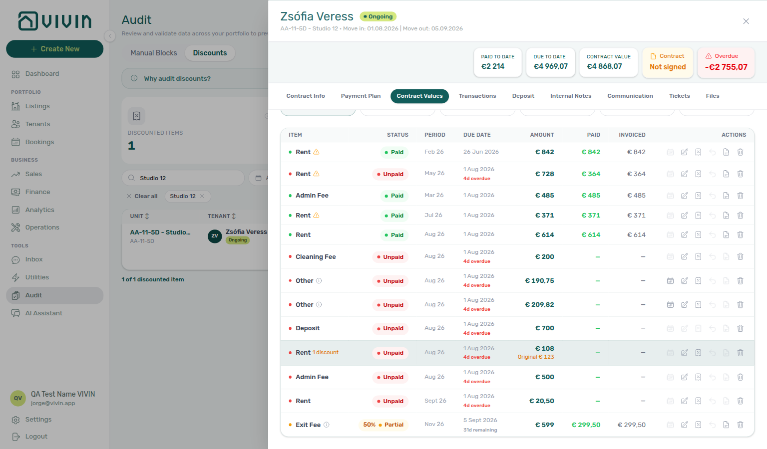 Audit — Discounts row opens booking Contract Values with the Loyalty courtesy rent line highlighted