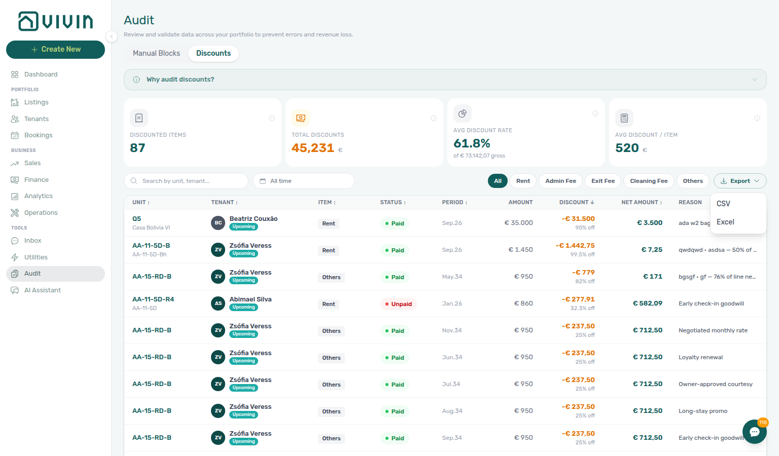 Audit — Discounts Export menu (CSV / Excel); download reflects current filters and sort
