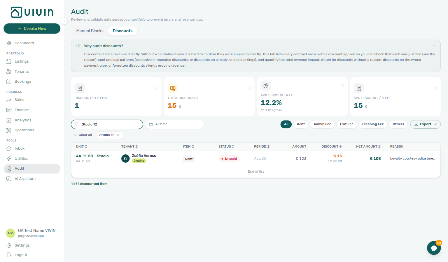 Audit — expanded “Why audit discounts?” guidance above the filtered Discounts table