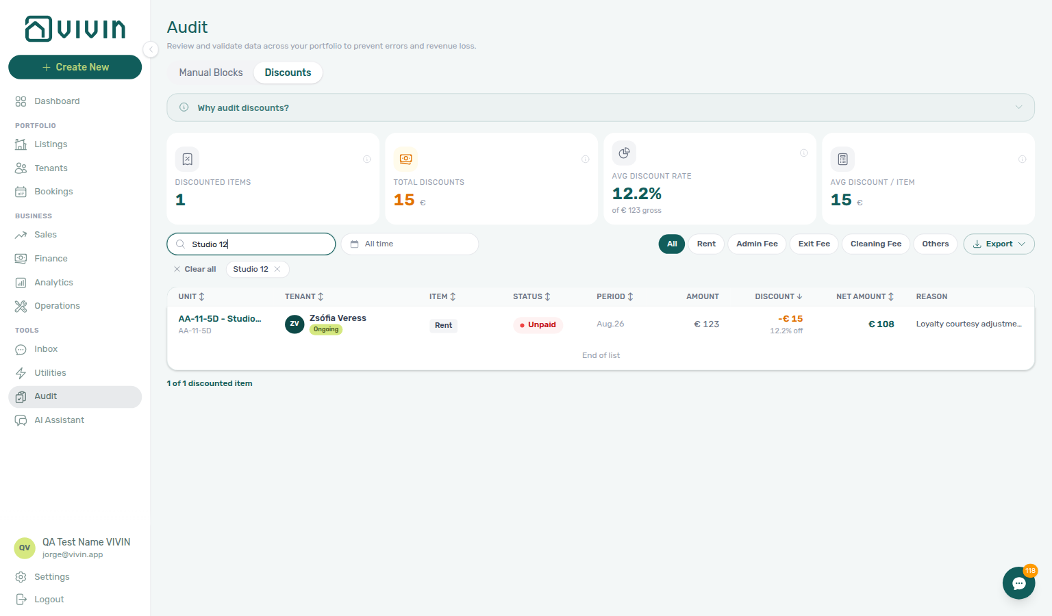 Audit — Discounts tab filtered to Studio 12 with KPI cards and a Loyalty courtesy reason on rent