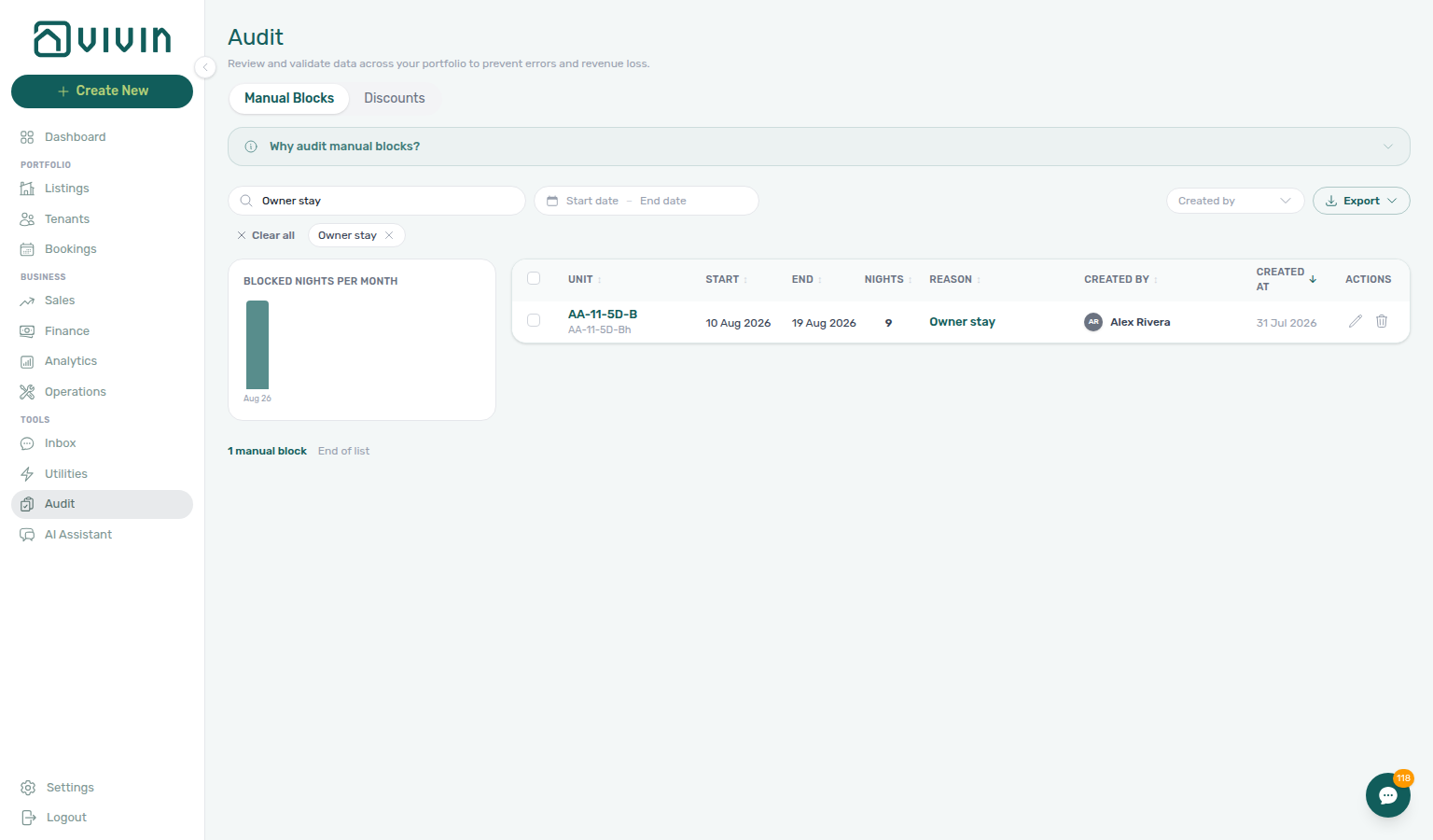 Audit — Manual Blocks — Edit block on an Owner stay row