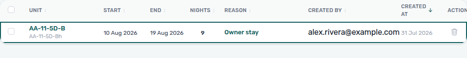 Audit — Manual Blocks End column shows last blocked night (19 Aug) for an Owner stay