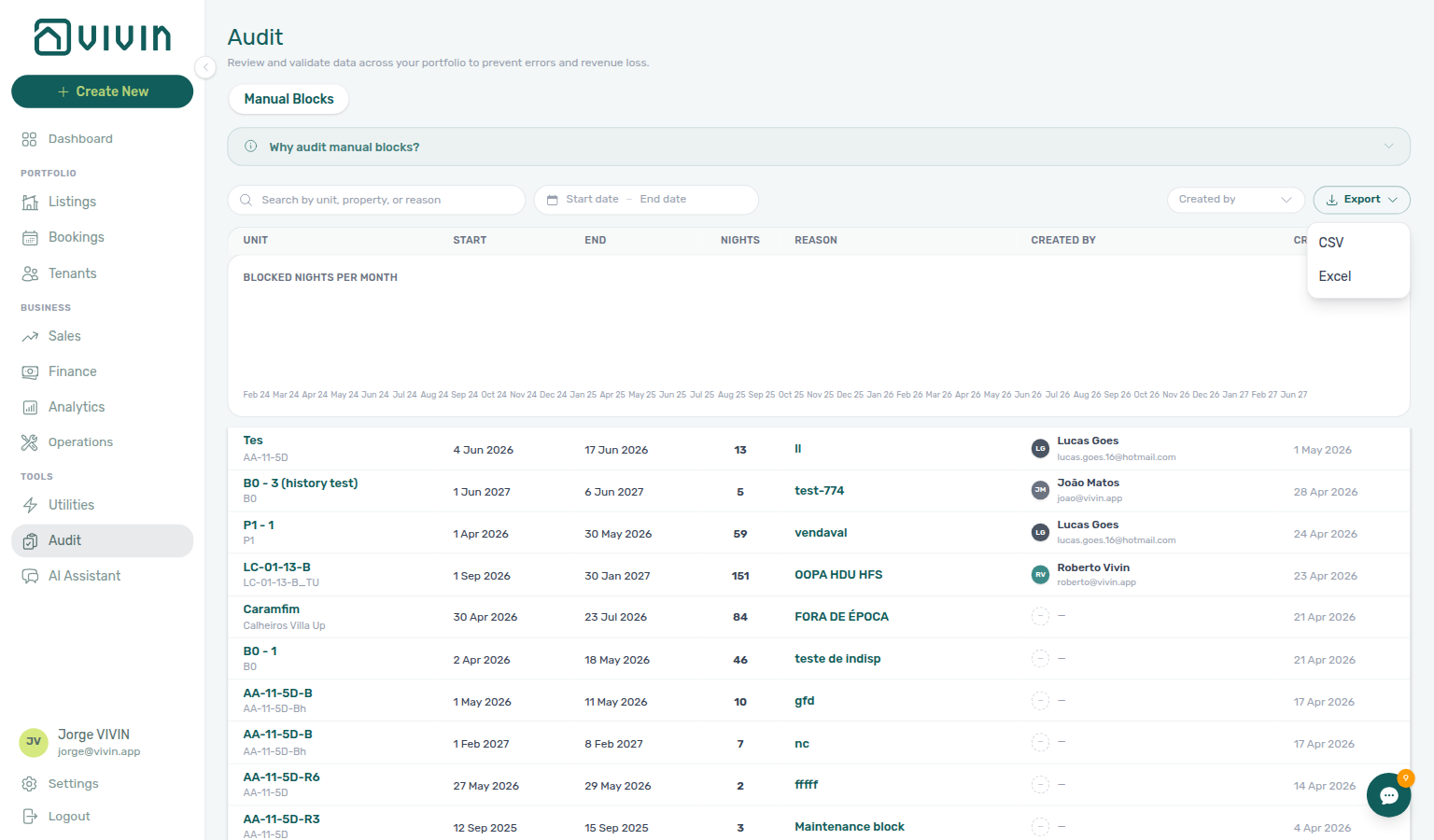 Audit — Manual Blocks Export menu (CSV / Excel); download reflects current filters and sort