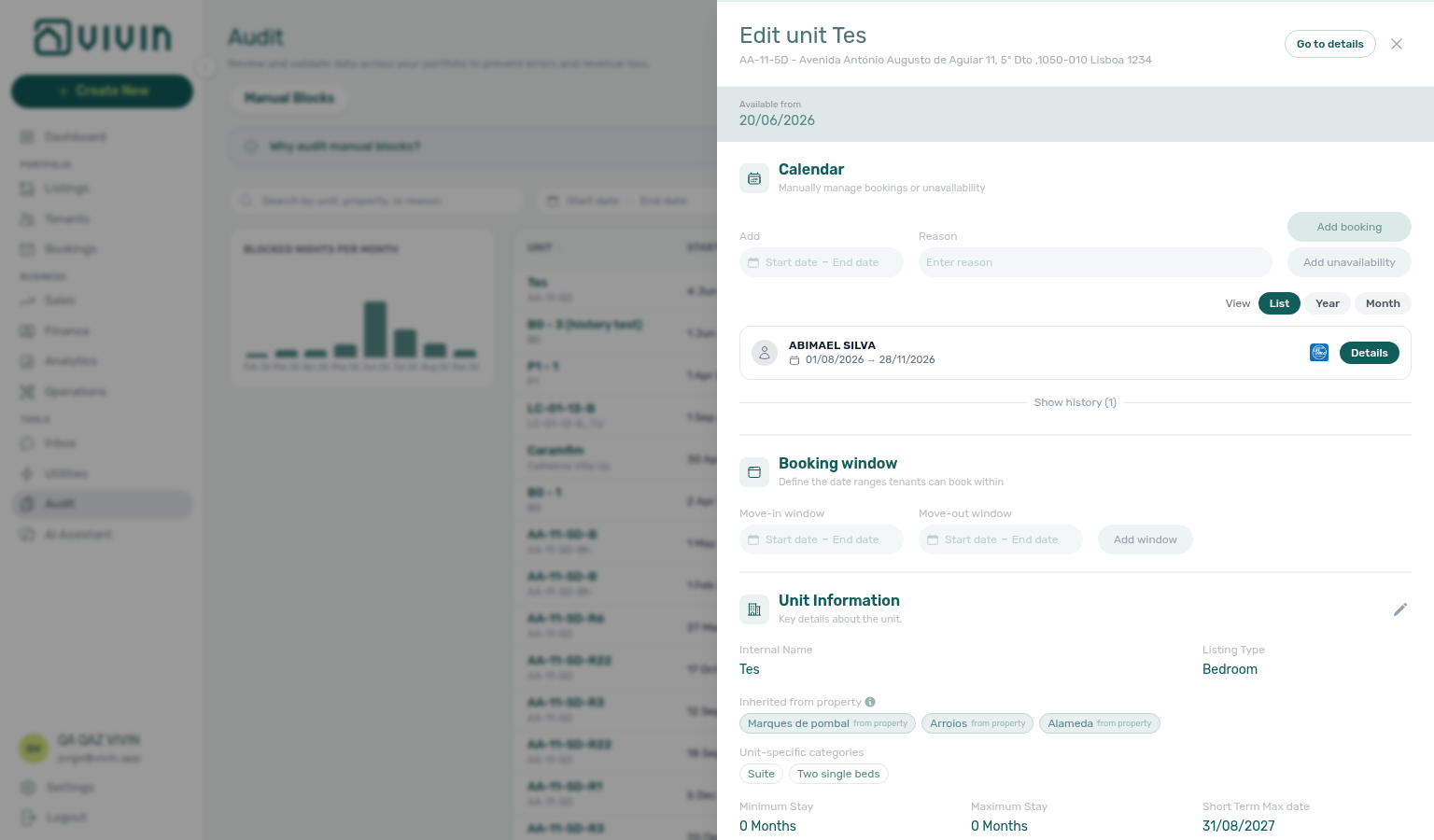 Audit — Manual Blocks row opens the unit listing sidebar (same drawer as Listings) for calendar and block edits