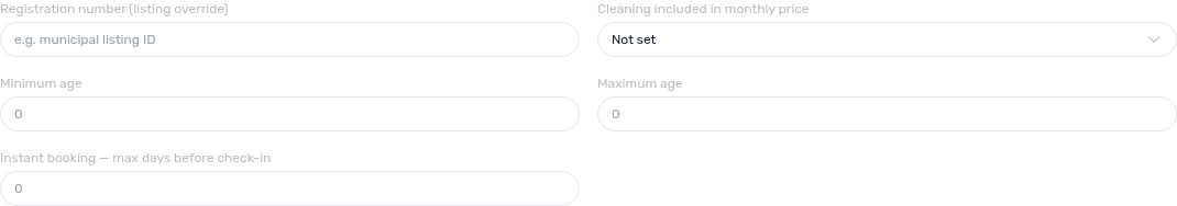 Listing Details — Partner platforms tab, Instant Booking max days before check-in and related partner-feed fields (example unit AA-11-5D-R1)