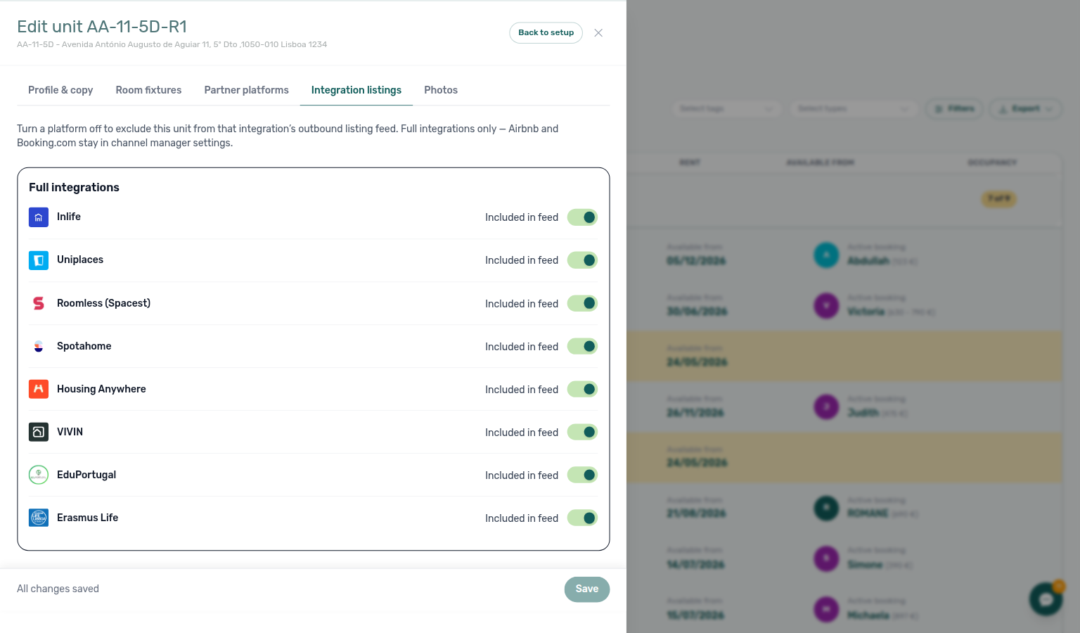 Listing Details — Integration listings tab with per-platform toggles and sticky Save / Back to setup
