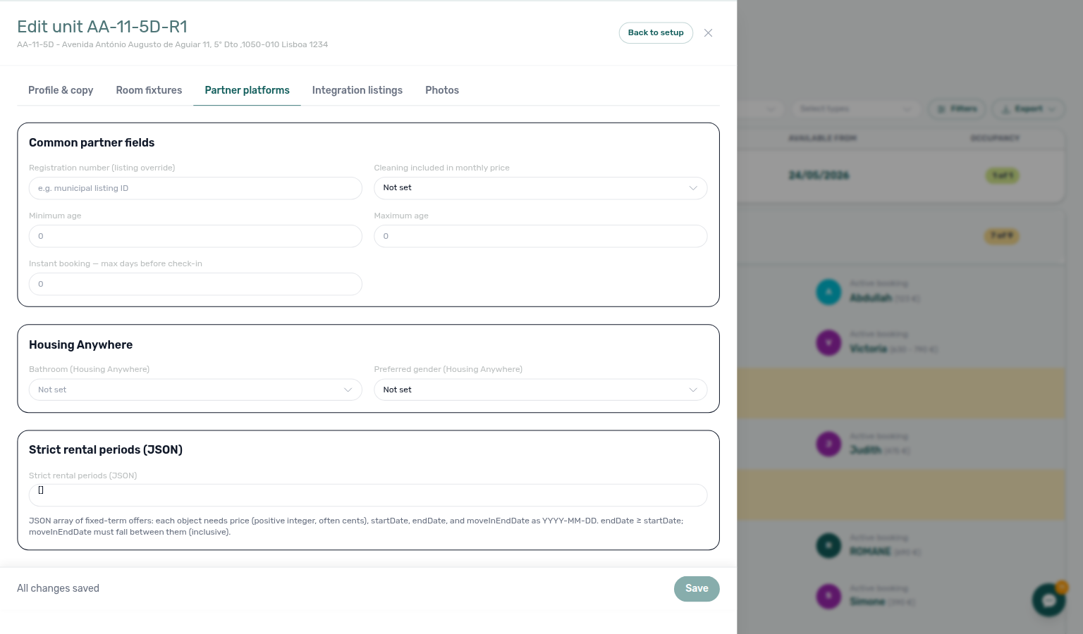 Listing Details — Partner platforms tab with unit-scoped partner-feed fields and sticky Save / Back to setup (example unit AA-11-5D-R1)