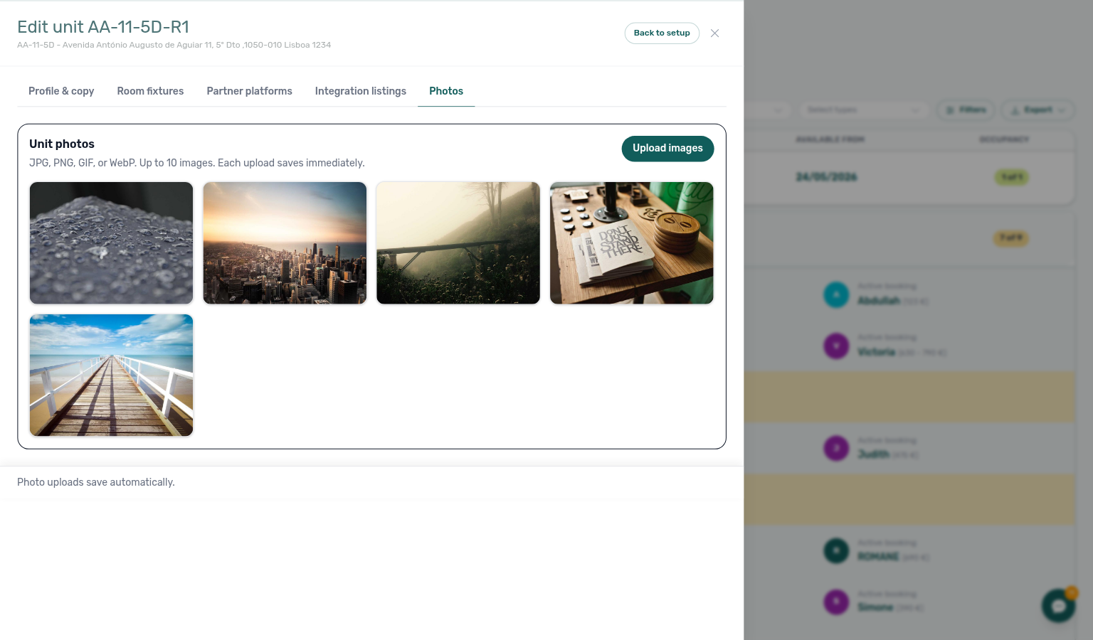 Listing Details — Photos tab with unit booking-engine gallery and upload control (example unit AA-11-5D-R1)