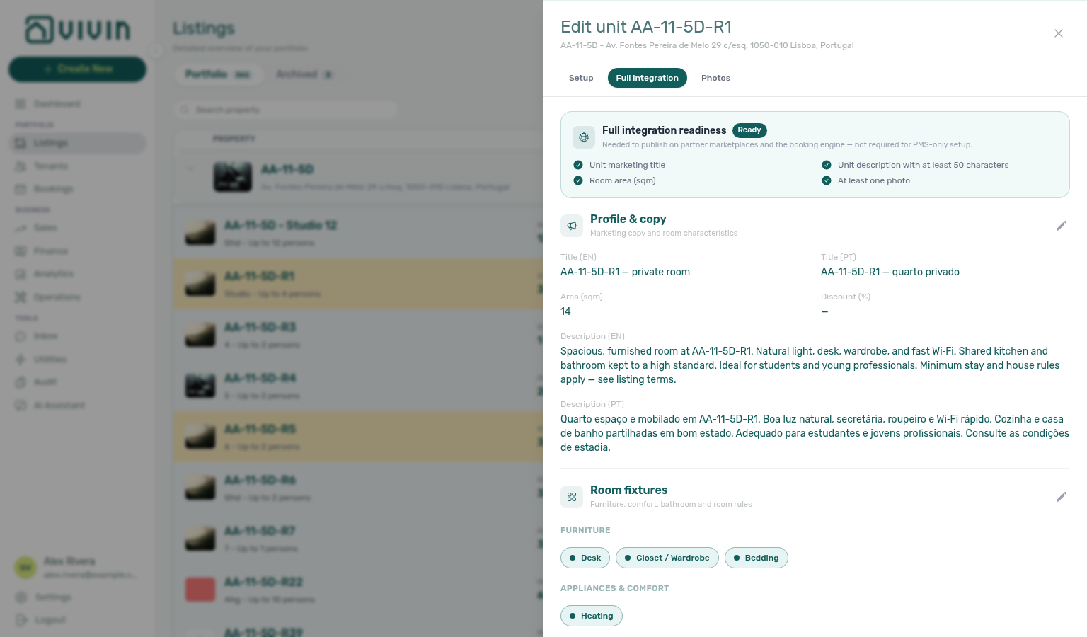 Unit Full integration — Profile &amp; copy with Area (sqm) 14 and Room area checked on readiness (example AA-11-5D-R1)