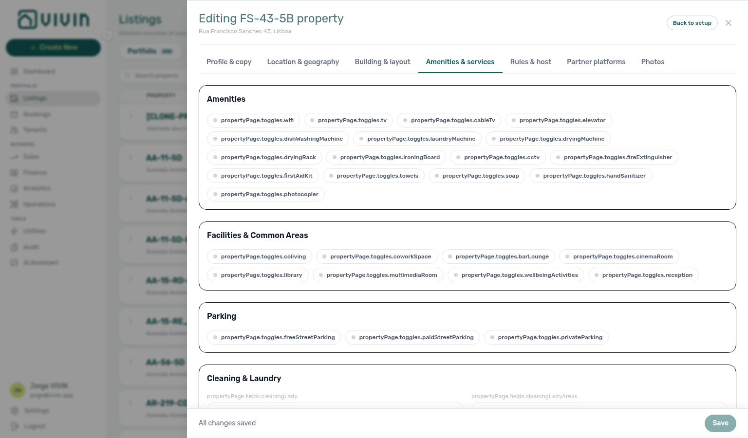 Property Details — Amenities &amp; services tab, Facilities section with Coliving toggle (example property AA-11-5D)