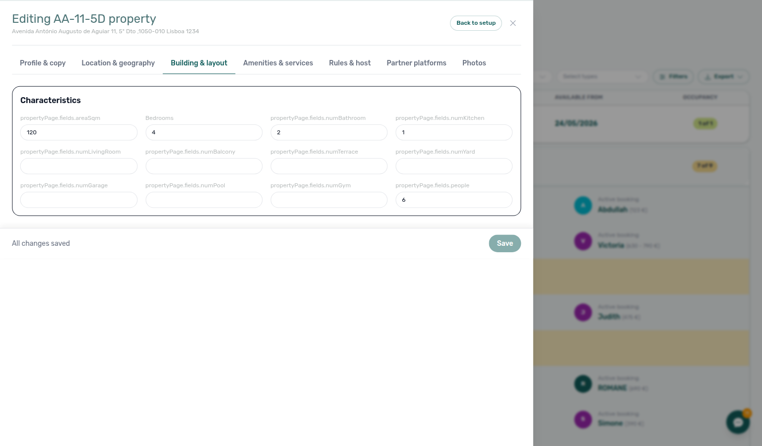 Property Details — Building &amp; layout tab with capacity, room counts, layout characteristics, and quality level (example property AA-11-5D)