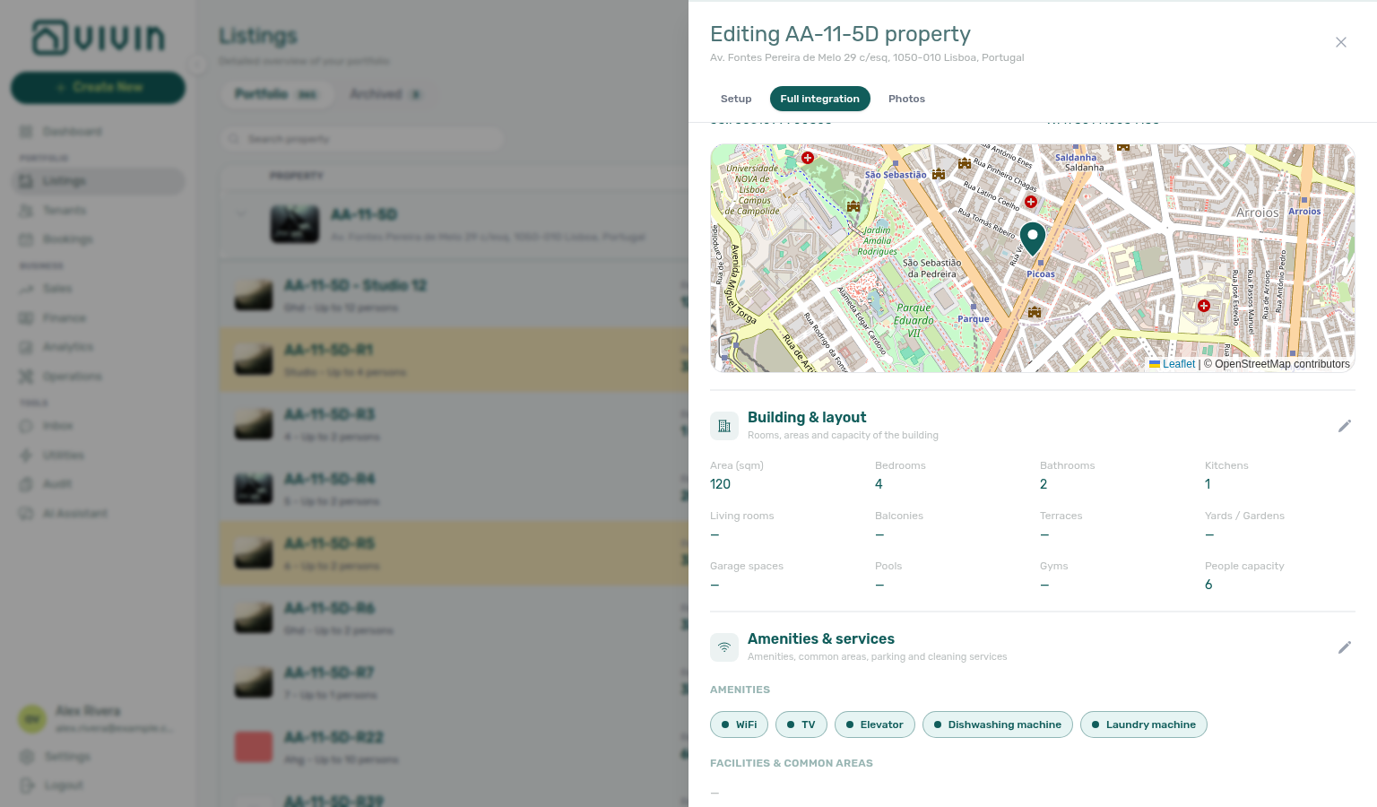 Property Details — Building &amp; layout with Area (sqm), bedrooms, bathrooms, and people capacity (example property AA-11-5D)