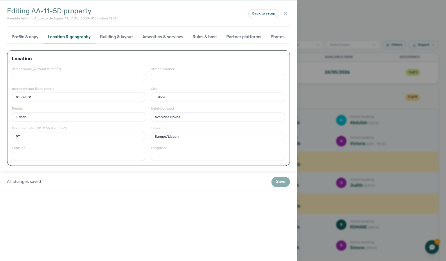 Property Details — Location &amp; geography tab with address, coordinates, and neighbourhood metadata