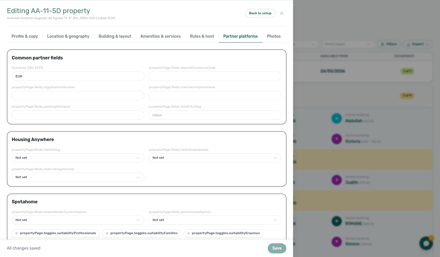 Property Details — Partner platforms tab with partner-feed fields and sticky Save / Back to setup