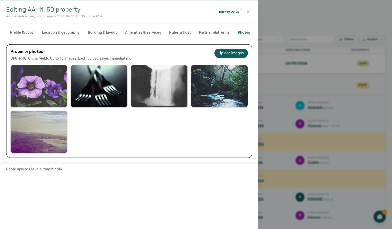 Property Details — Photos tab with booking-engine gallery, upload control, and auto-save note