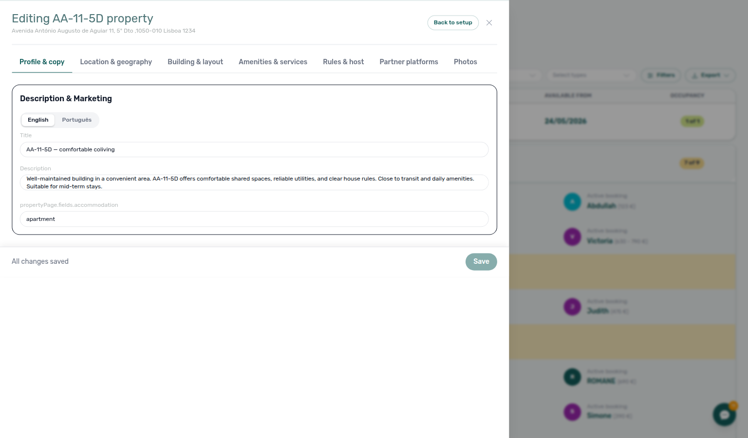 Property Details — Profile &amp; copy tab with bilingual title and description fields (example property AA-11-5D)