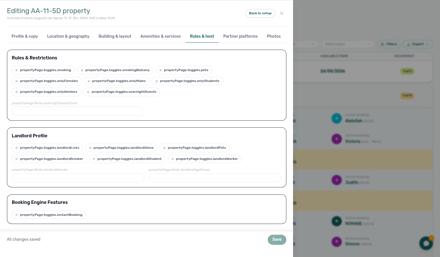 Property Details — Rules &amp; host tab with house rules, visit settings, and host profile blocks