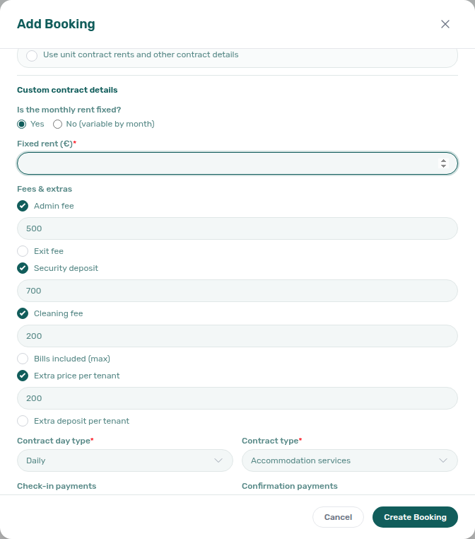 Add Booking — Custom contract details after turning off Use unit contract rents and other contract details