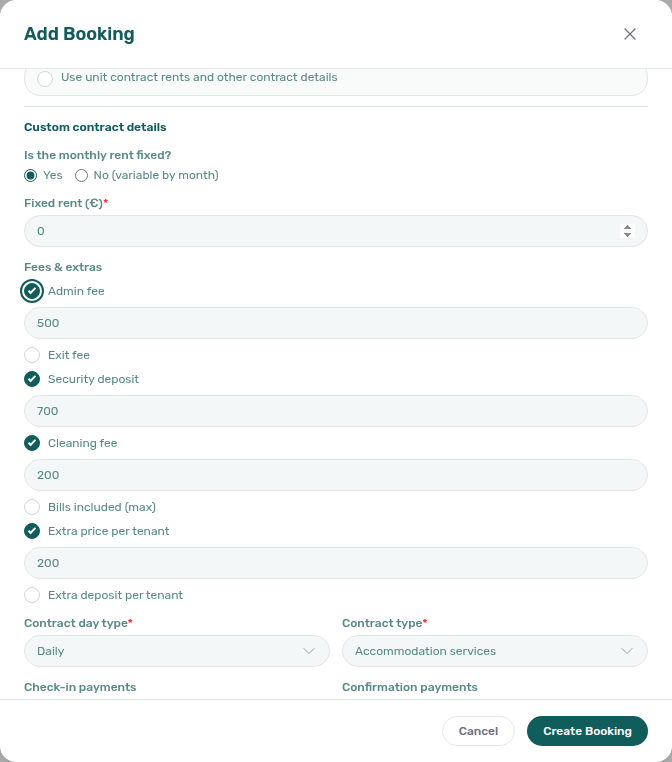 Add booking — Fixed rent settles to 0 after leaving the blank field