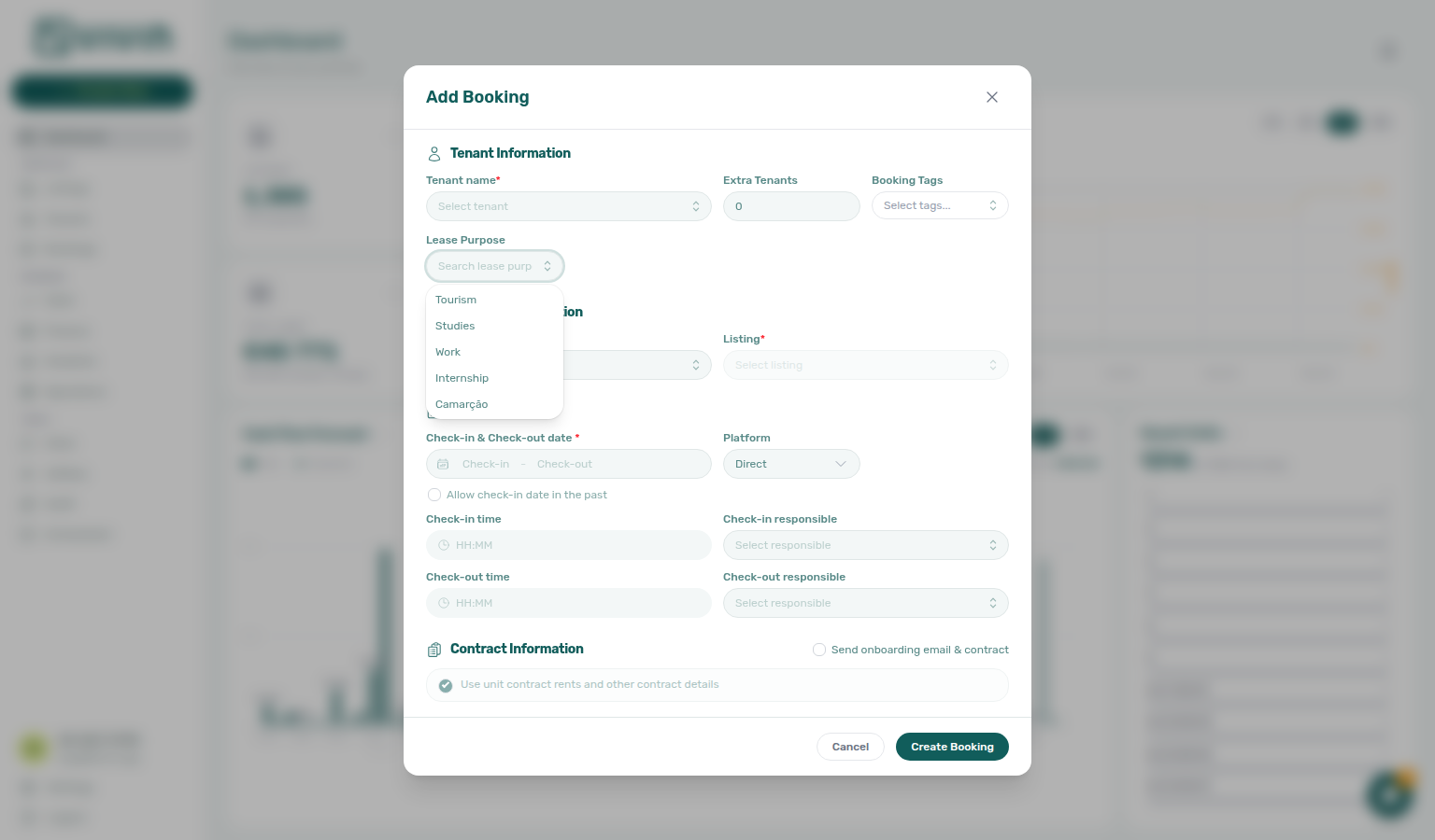 Add booking — Lease purpose searchable dropdown with account-configured options