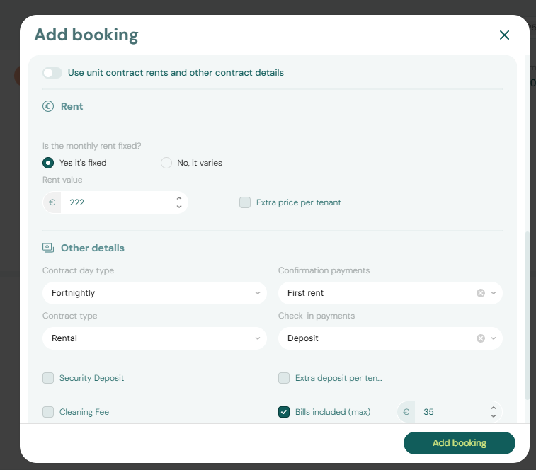 Booking Rent Details