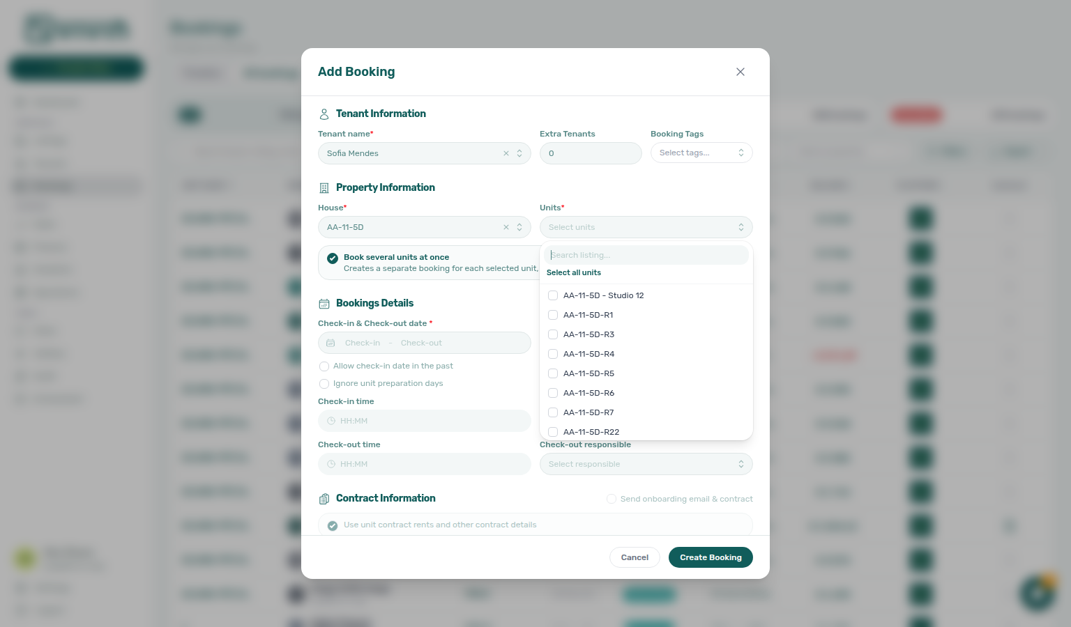 Add booking — Units picker open with Select all units and rooms for the selected house