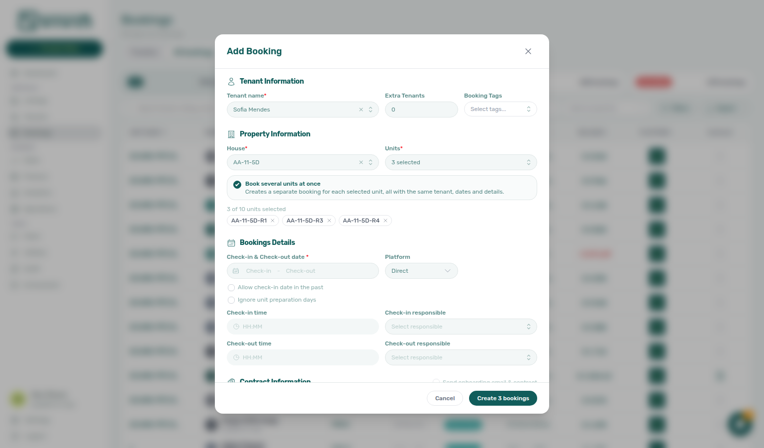 Add booking — three unit chips selected and Create 3 bookings in the footer