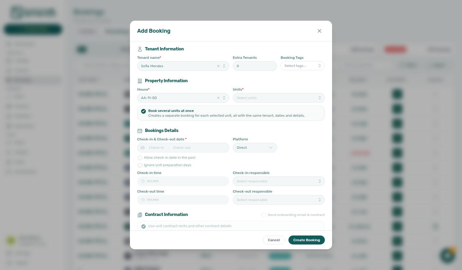 Add booking — Book several units at once on, with House selected and Units empty