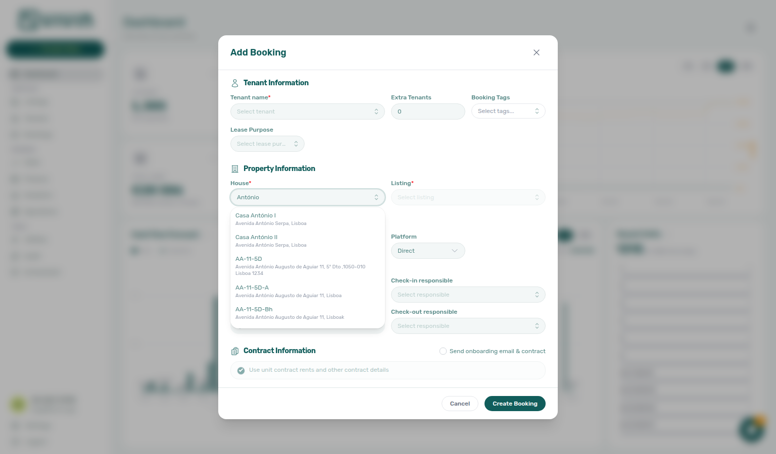 Add booking — Property picker open after server search (internalName matches ranked above address-only hits, example António)