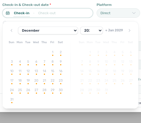 Add booking — Check-in phase: next booking’s arrival day (1 Dec) is disabled so you cannot check in on an occupied night