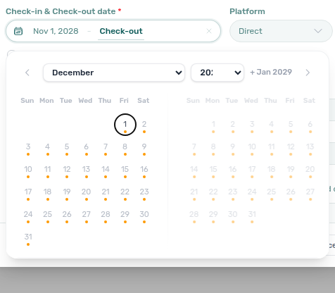 Add booking — Check-out phase after Nov 1 check-in: 1 Dec is enabled as check-out for a same-day turnover against the next stay