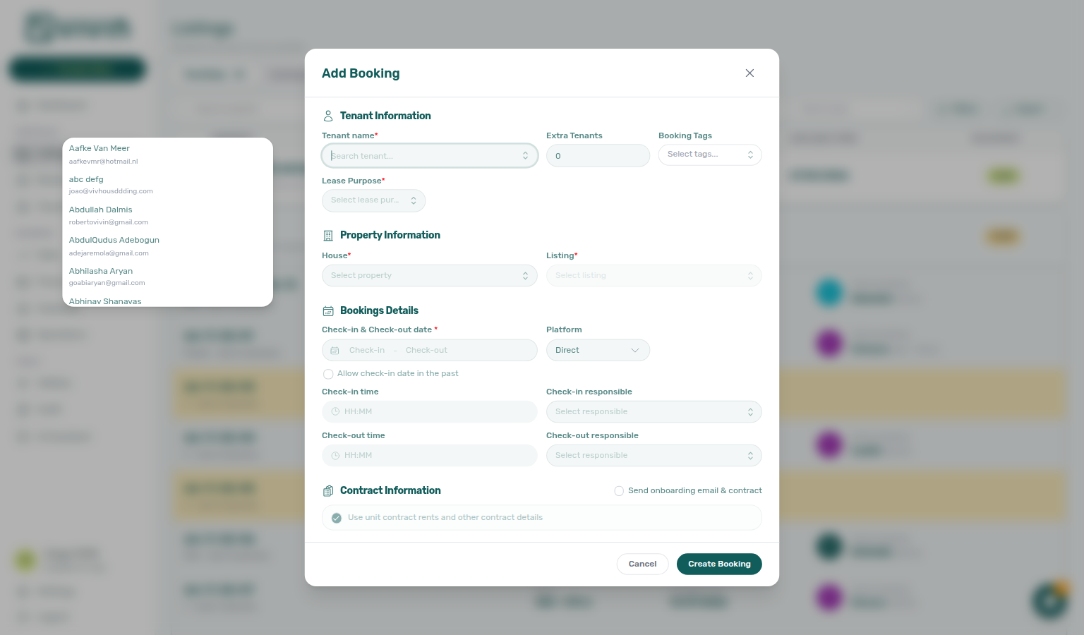 Add booking — tenant picker open with search and scrollable results