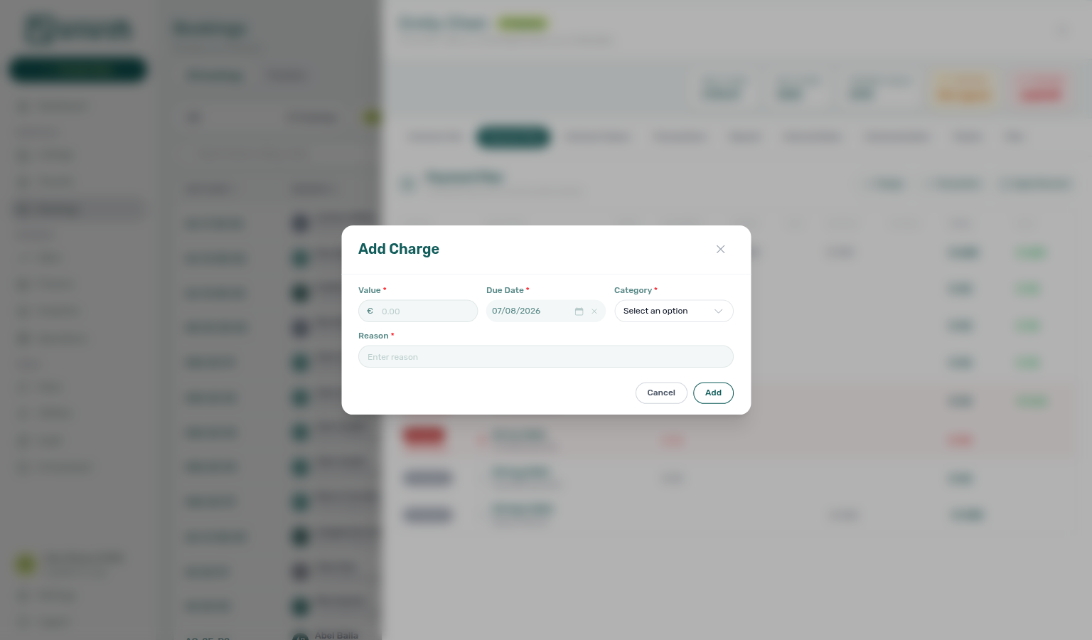 Add Charge modal — Value, Due Date, Category, and Reason (Enter reason placeholder)
