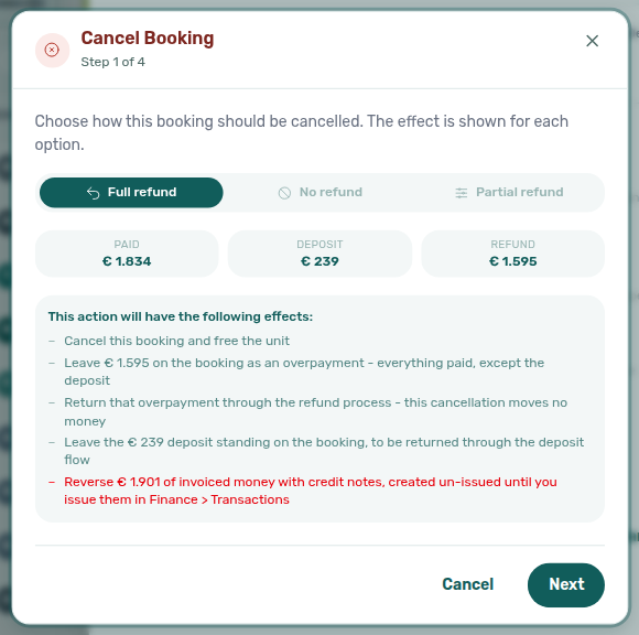 Bookings — Cancel booking step 1 with Full refund and Paid / Deposit / Refund cells