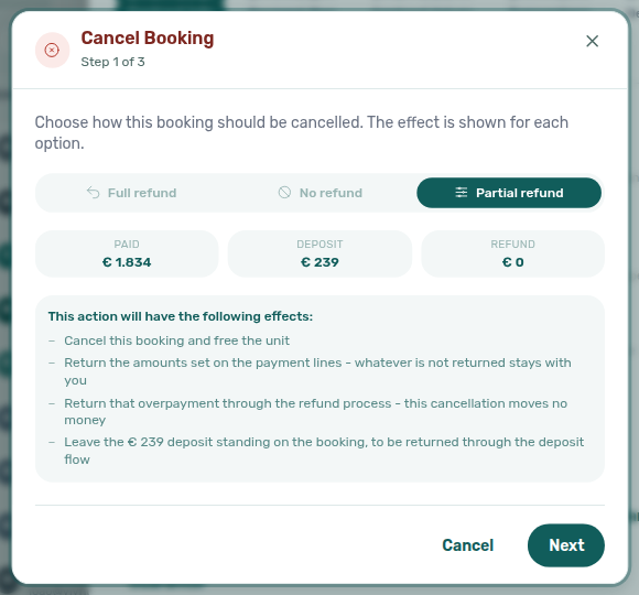 Bookings — Cancel booking step 1 with Partial refund and Refund at € 0 until payment lines are set