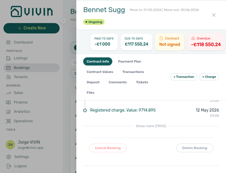Bookings — Cancel booking dialog with full refund, no refund, and partial refund options