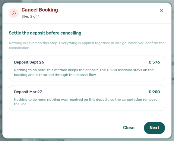 Bookings — Cancel booking step 2 Settle the deposit before cancelling