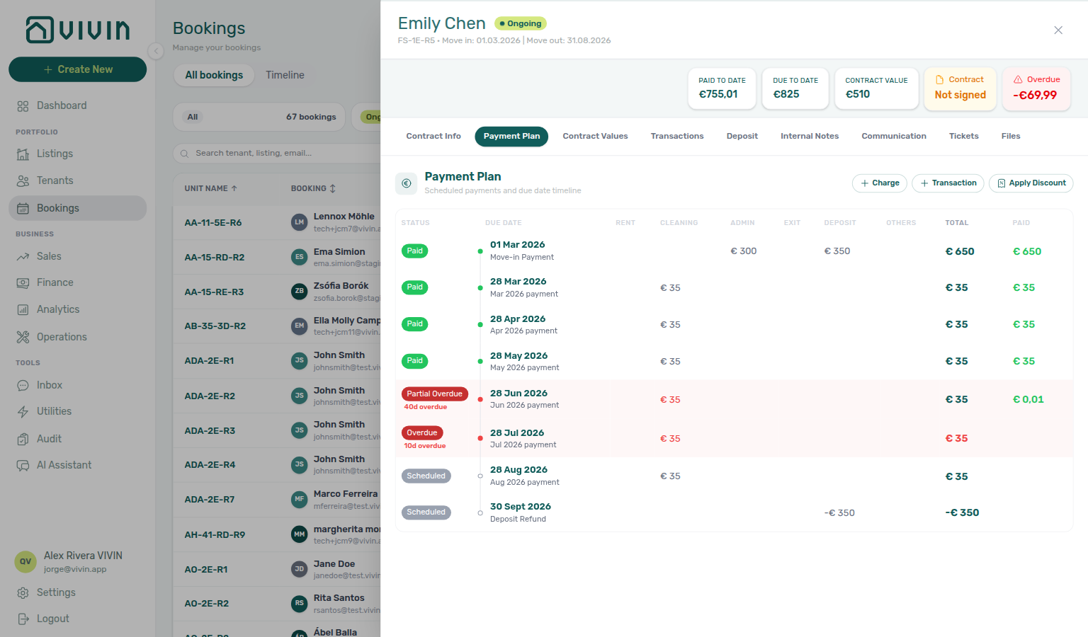 Booking detail — Payment Plan tab with + Charge, + Transaction, and Apply Discount