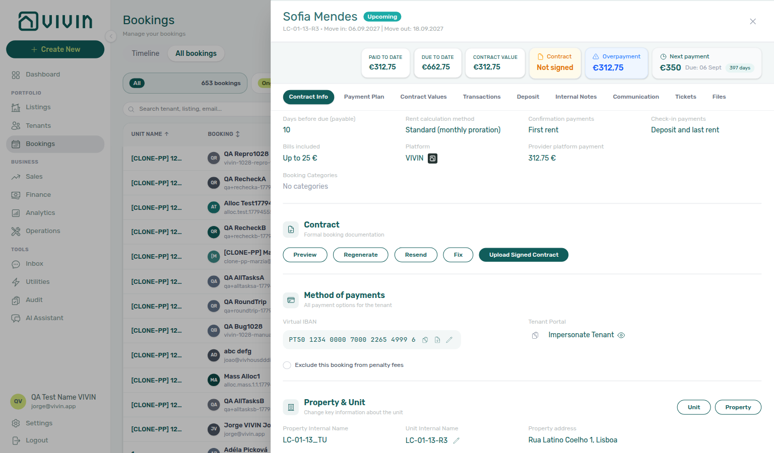 Booking detail — Contract Info on a Vivin Booking Engine Daily short stay, Platform VIVIN and Provider platform payment matching the quoted stay total