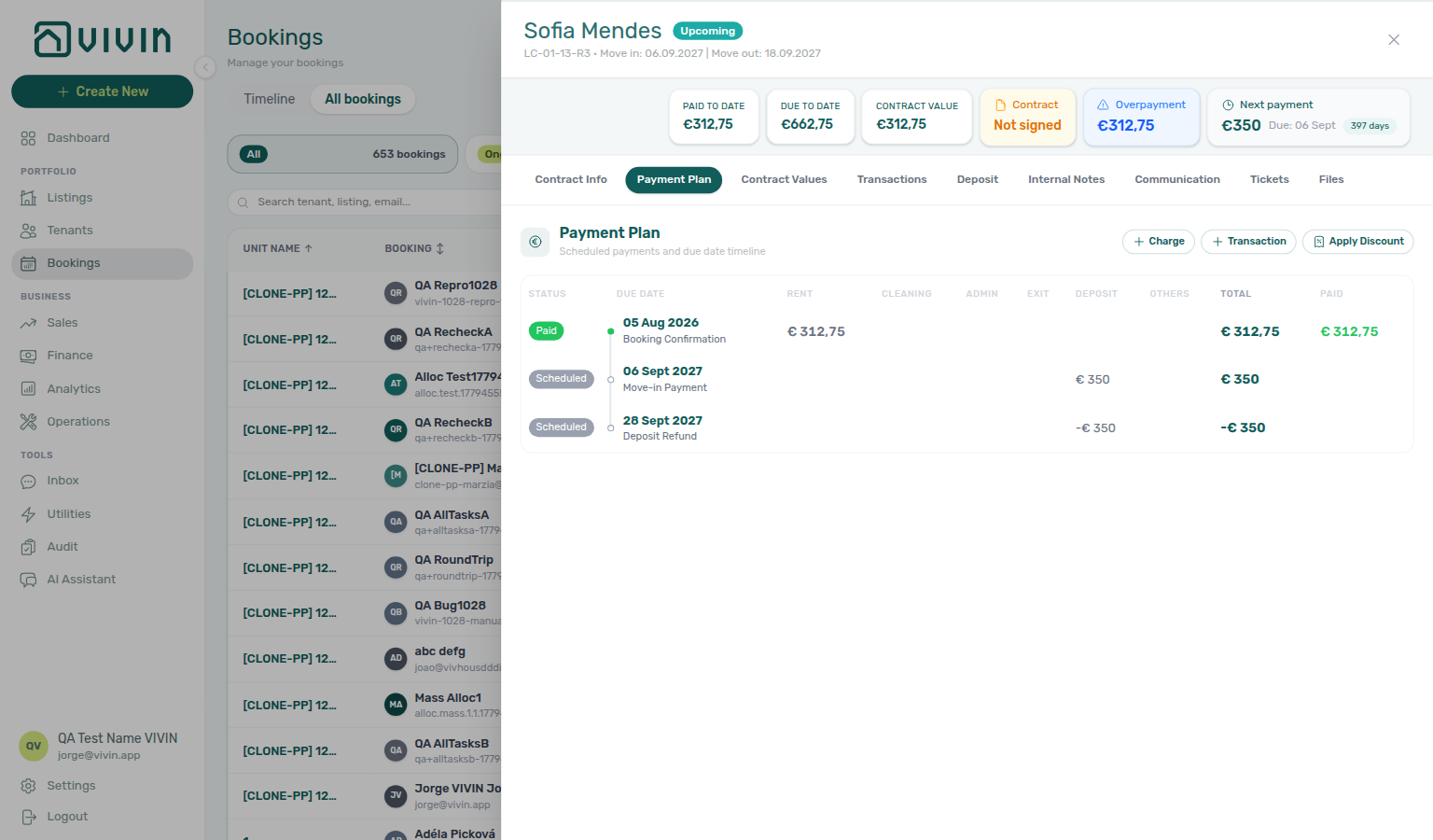Booking detail — Payment Plan rent line equals the Provider platform payment quoted total on a Booking Engine short stay