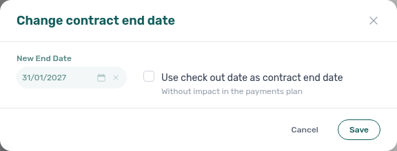 Booking detail — Change contract end date modal with optional Use check out date as contract end date